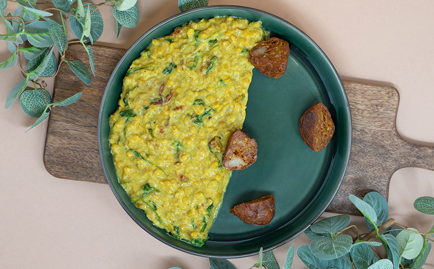 BBQ jackfruit fasírt, sárgaborsó curry